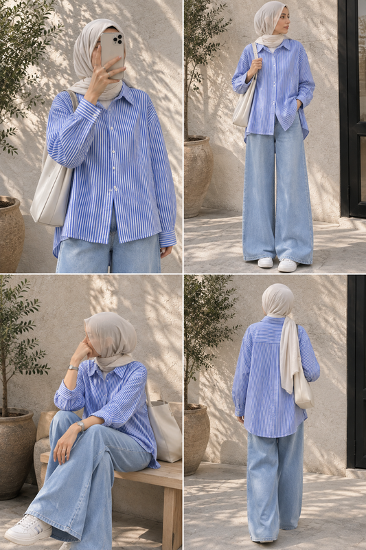 DUO SET (WHITE AND BLUE STRIPES BUTTON DOWN SHIRT WITH ICE BLUE FADED WIDE LEG JEANS)