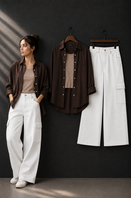 TRIO SET (DARK BROWN BUTTON DOWN SHIRT WITH BEIGE INNER AND WHITE WIDE LEG CARGO DENIM)