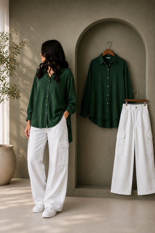 DUO SET (BOTTLE GREEN BUTTON DOWN SHIRT WITH WHITE HIGH WAISTED CARGO DENIM JEANS)