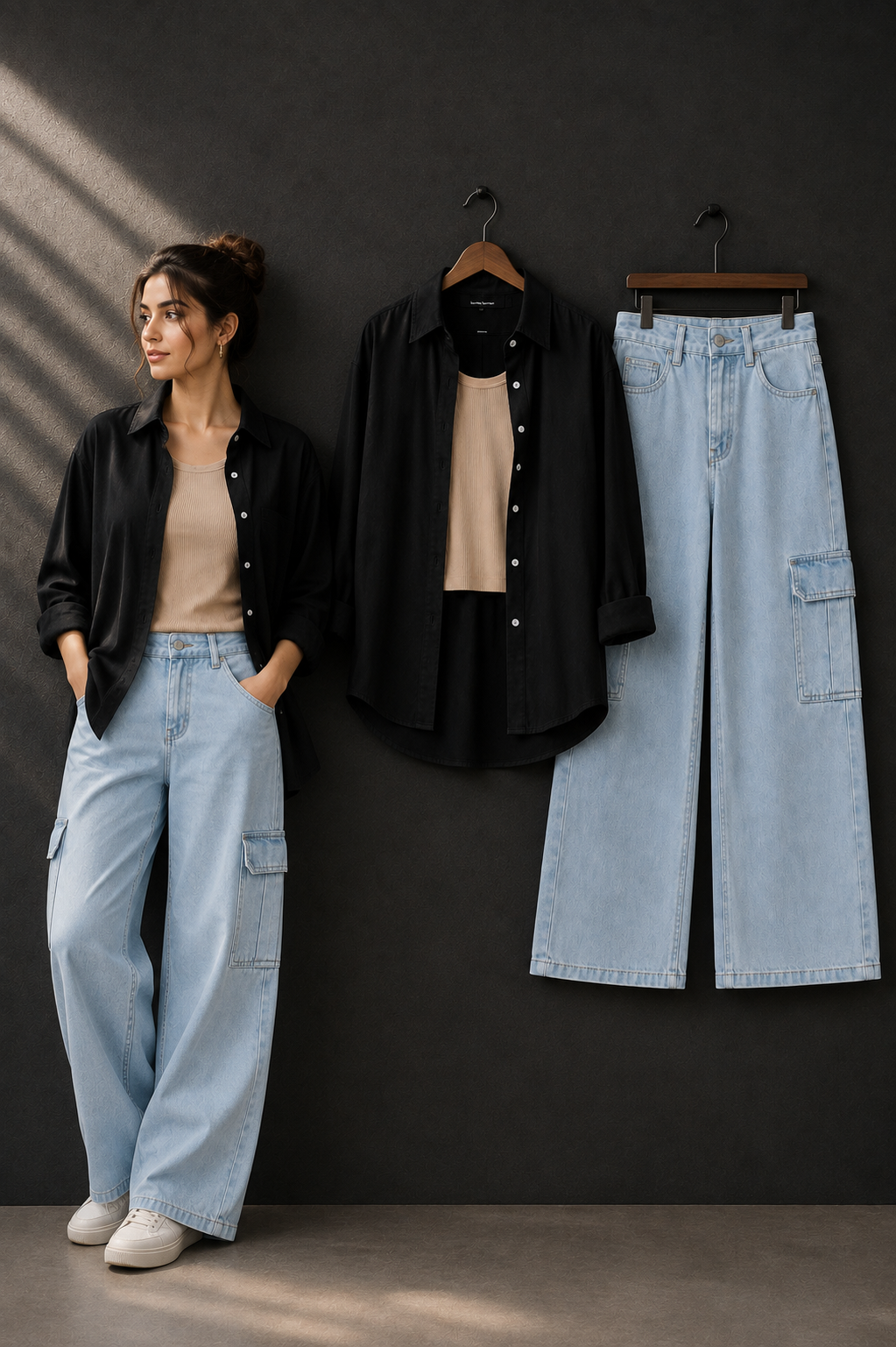 TRIO SET (BLACK BUTTON DOWN SHIRT WITH BEIGE INNER AND ICE BLUE WIDE LEG CARGO DENIM)