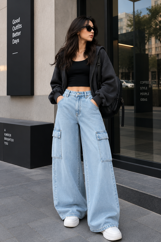 SKY BLUE WIDE LEG CARGO JEANS