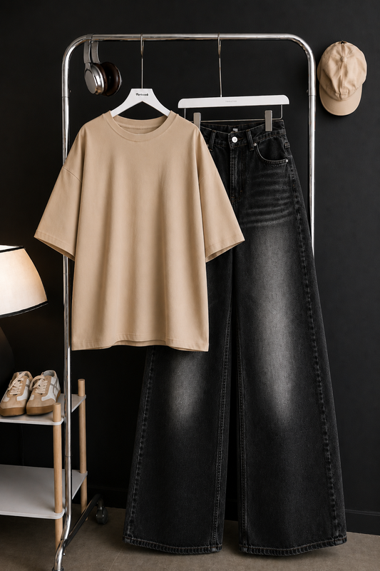DUO SET (BEIGE BAGGY TEE WITH MALAYSIAN BLACK FADED WIDE LEG JEANS)