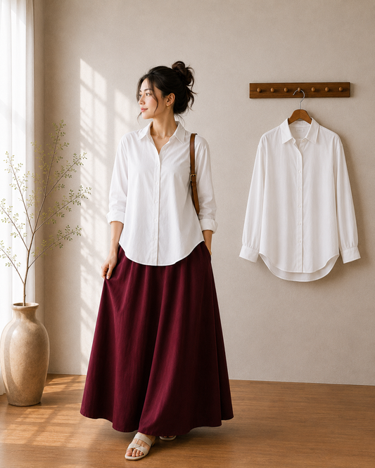 DUO SET (WHITE BUTTON DOWN SHIRT WITH MAROON FLOWY MAXI SKIRT)