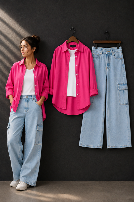 TRIO SET (SHOCKING PINK BUTTON DOWN SHIRT WITH WHITE INNER AND ICE BLUE CARGO DENIM)