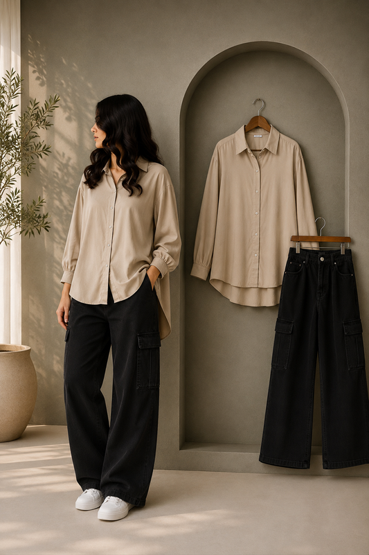DUO SET (BEIGE BUTTON DOWN SHIRT WITH BLACK HIGH WAISTED CARGO DENIM JEANS)