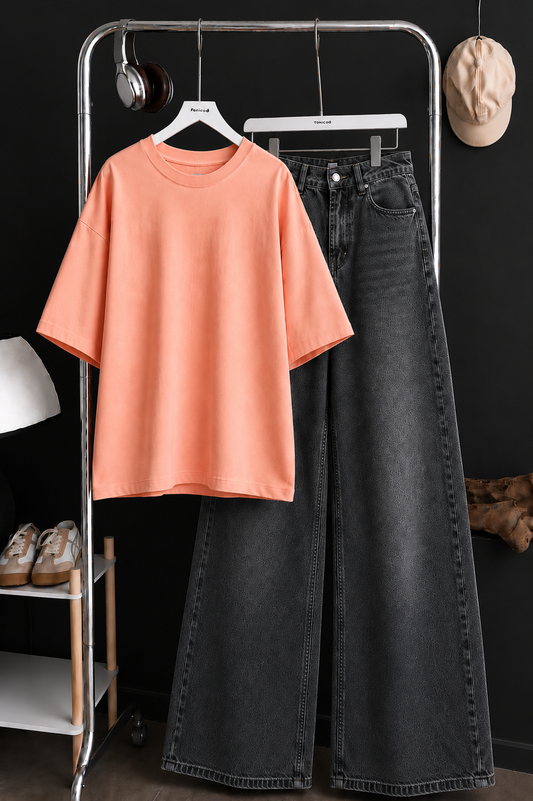DUO SET (PEACH BAGGY TEE WITH CHARCOAL GREY WIDE LEG JEANS)