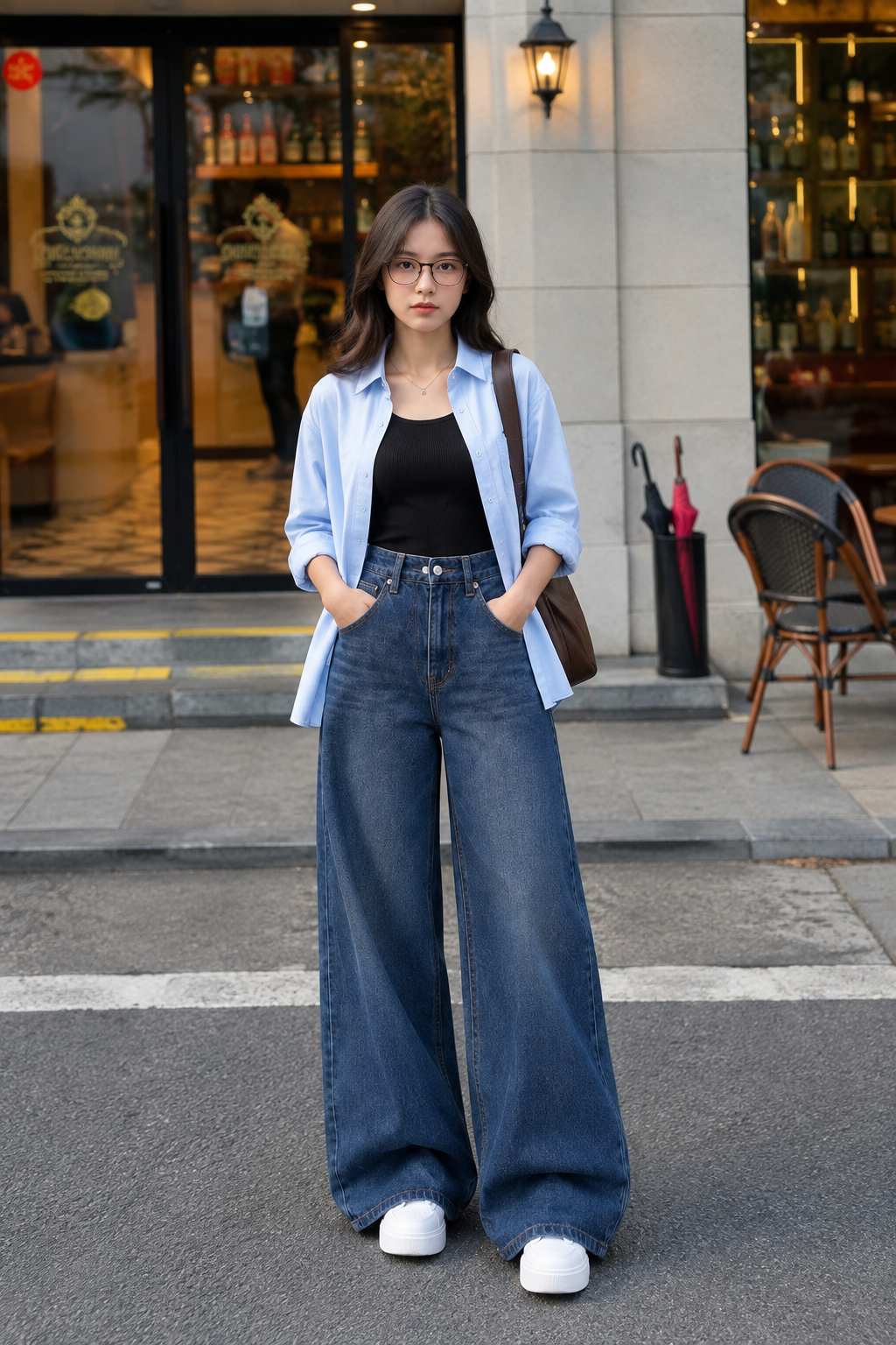 TRIO SET (SKY BLUE BUTTON DOWN SHIRT WITH BLACK INNER AND DARK BLUE FADED WIDE LEG JEANS)