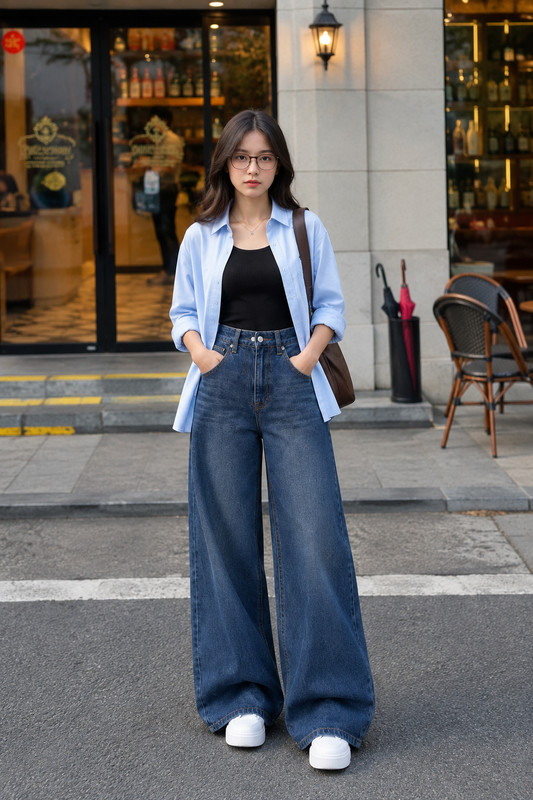 TRIO SET (SKY BLUE BUTTON DOWN SHIRT WITH BLACK INNER AND DARK BLUE FADED WIDE LEG JEANS)