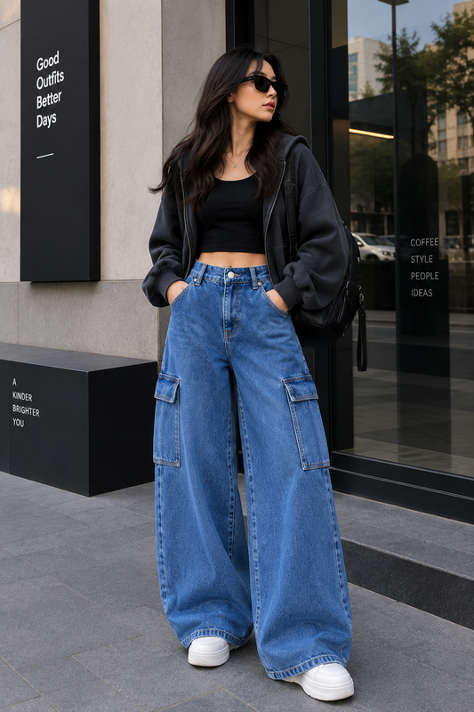 MID BLUE WIDE LEG CARGO JEANS