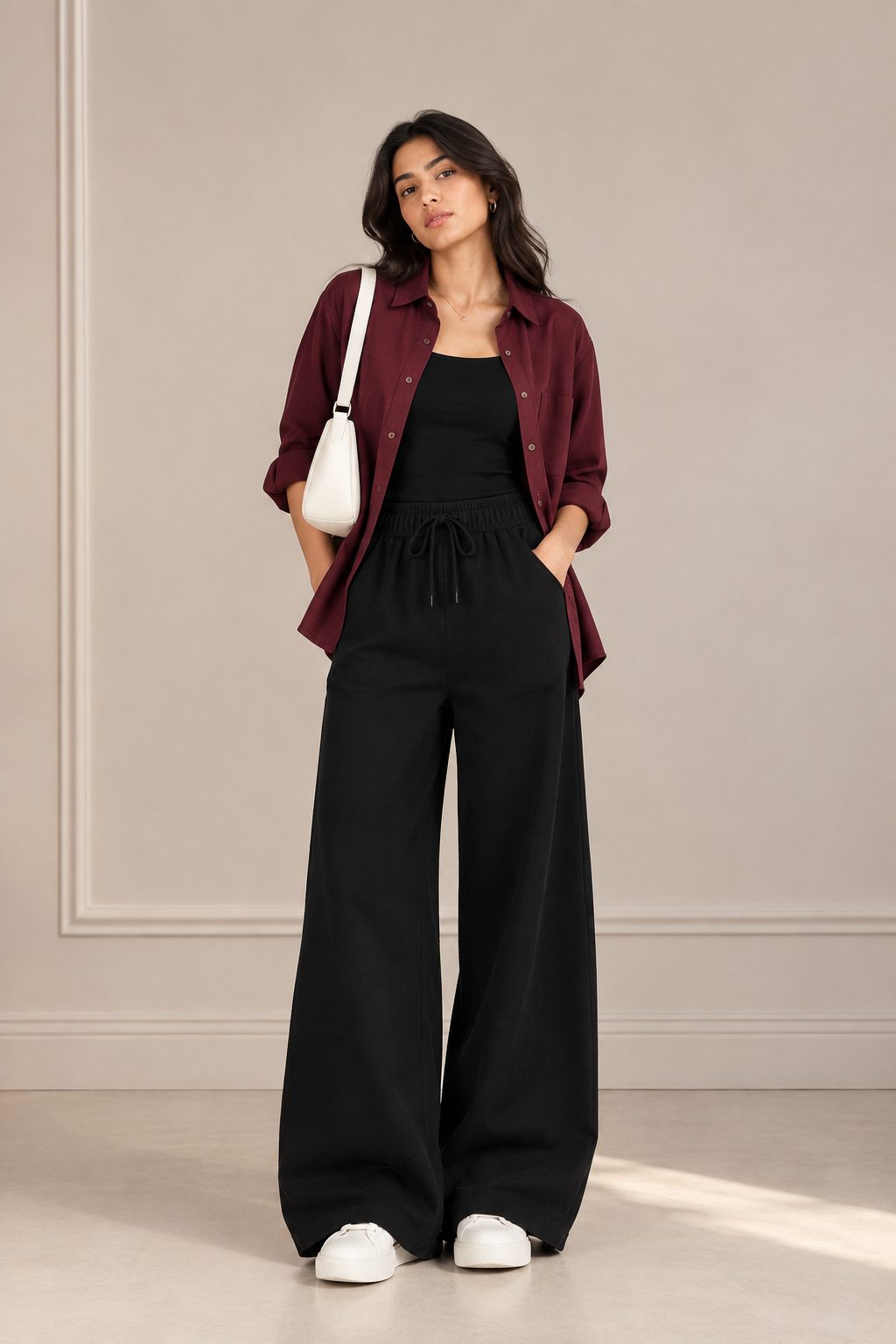 TRIO SET (MAROON BUTTON DOWN SHIRT WITH BLACK INNER AND BLACK FLAPPER TROUSER)