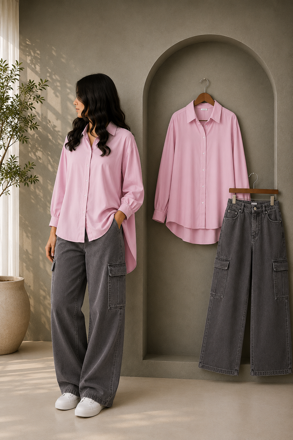 DUO SET (BABY PINK BUTTON DOWN SHIRT WITH CHARCOAL GREY HIGH WAISTED CARGO DENIM JEANS)