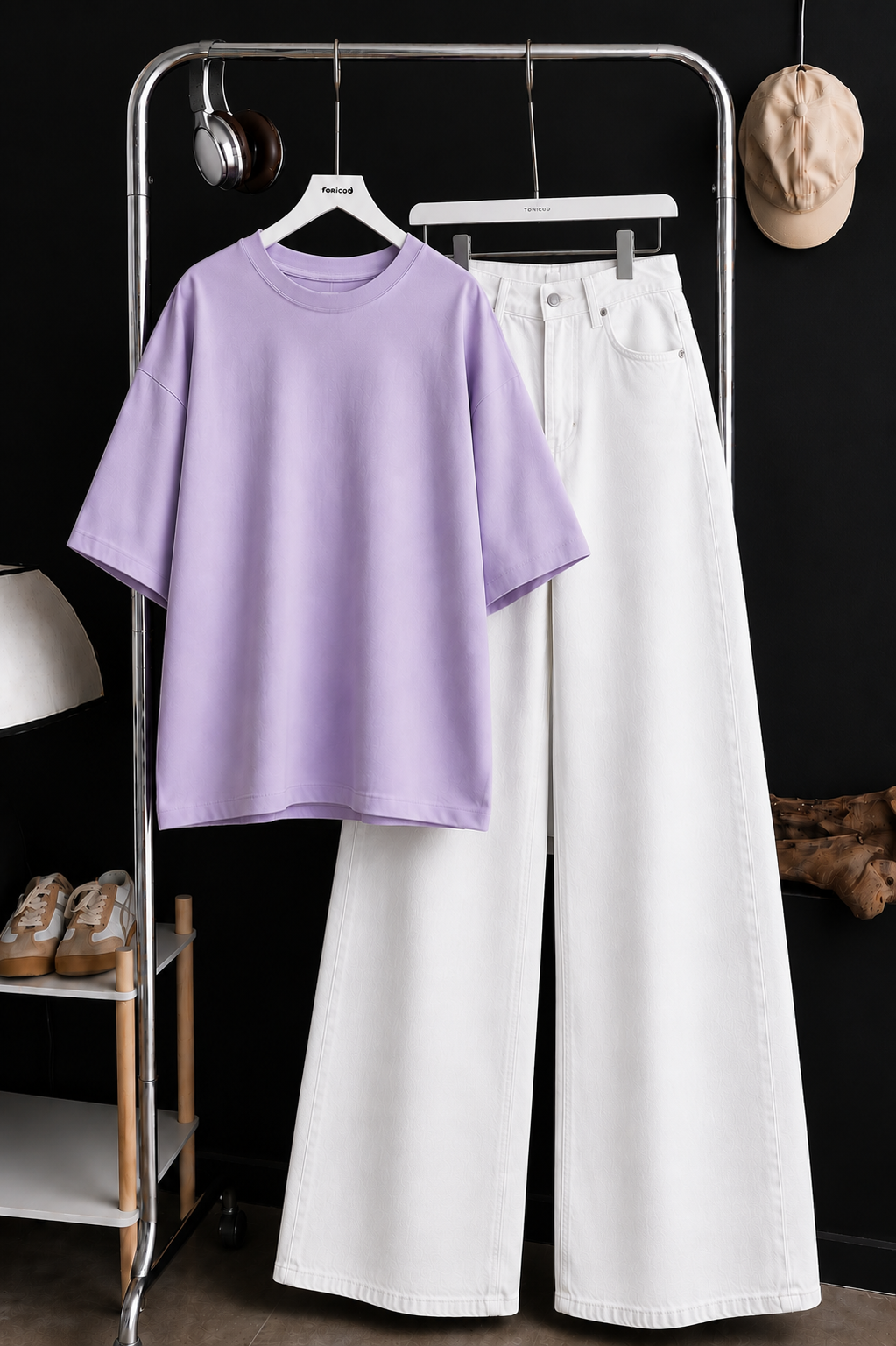 DUO SET (LILAC BAGGY TEE WITH WHITE WIDE LEG JEANS)