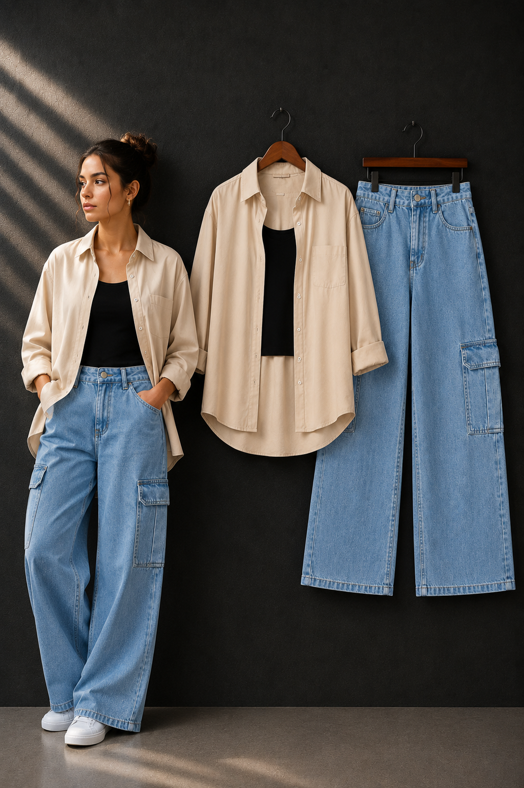 TRIO SET (BEIGE BUTTON DOWN SHIRT WITH BLACK INNER AND ICE BLUE WIDE LEG CARGO DENIM)