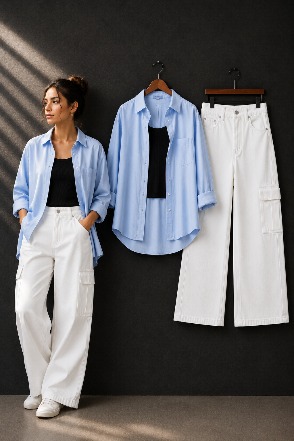 TRIO SET (SKY BLUE BUTTON DOWN SHIRT WITH BLACK INNER AND WHITE WIDE LEG CARGO DENIM)