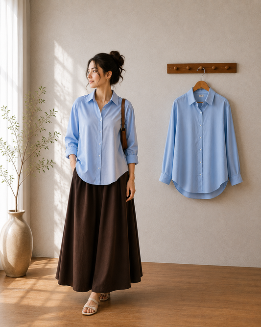 DUO SET (SKY BLUE BUTTON DOWN SHIRT WITH DARK BROWN FLOWY MAXI SKIRT)