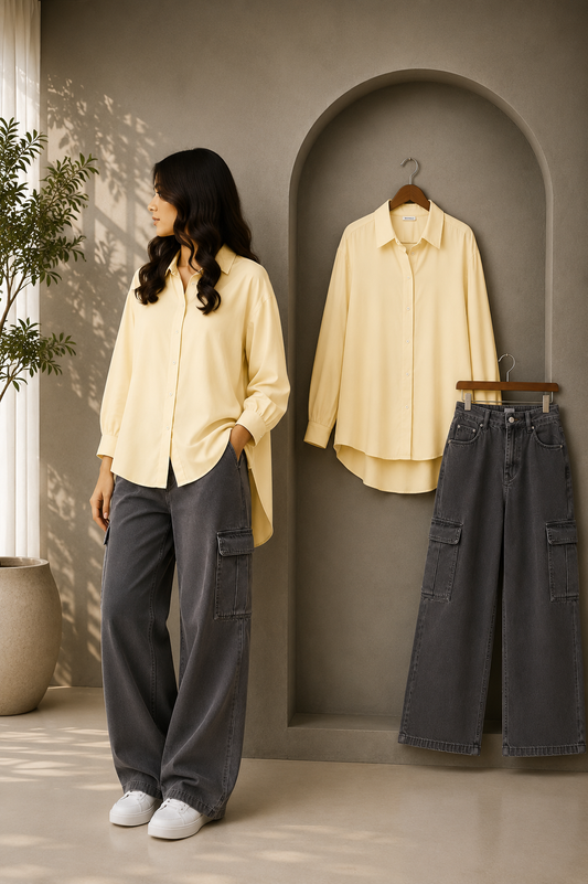DUO SET (BUTTER YELLOW BUTTON DOWN SHIRT WITH CHARCOAL GREY HIGH WAISTED CARGO DENIM JEANS)