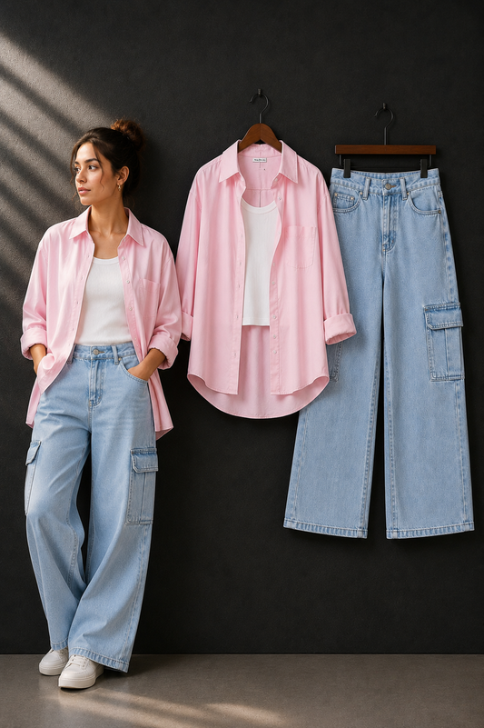 TRIO SET (BABY PINK BUTTON DOWN SHIRT WITH WHITE INNER AND SKY BLUE CARGO DENIM)