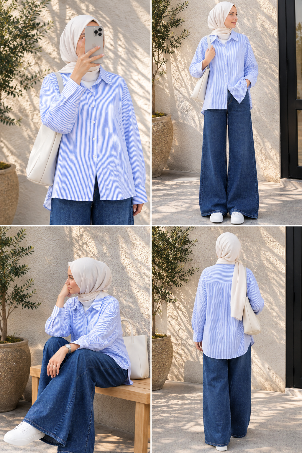 DUO SET (WHITE AND BLUE STRIPES BUTTON DOWN SHIRT WITH DARK BLUE FADED WIDE LEG JEANS)
