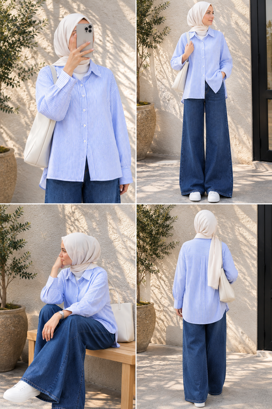 DUO SET (WHITE AND BLUE STRIPES BUTTON DOWN SHIRT WITH DARK BLUE FADED WIDE LEG JEANS)