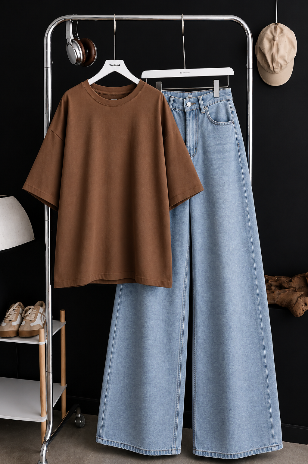 DUO SET (COFFEE BROWN BAGGY TEE WITH ICE BLUE WIDE LEG JEANS)