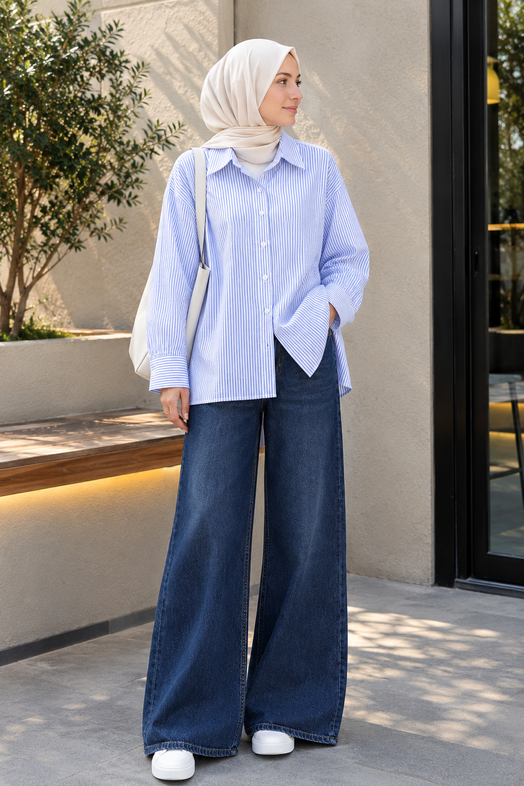 DUO SET (WHITE AND BLUE STRIPES BUTTON DOWN SHIRT WITH DARK BLUE FADED WIDE LEG JEANS)