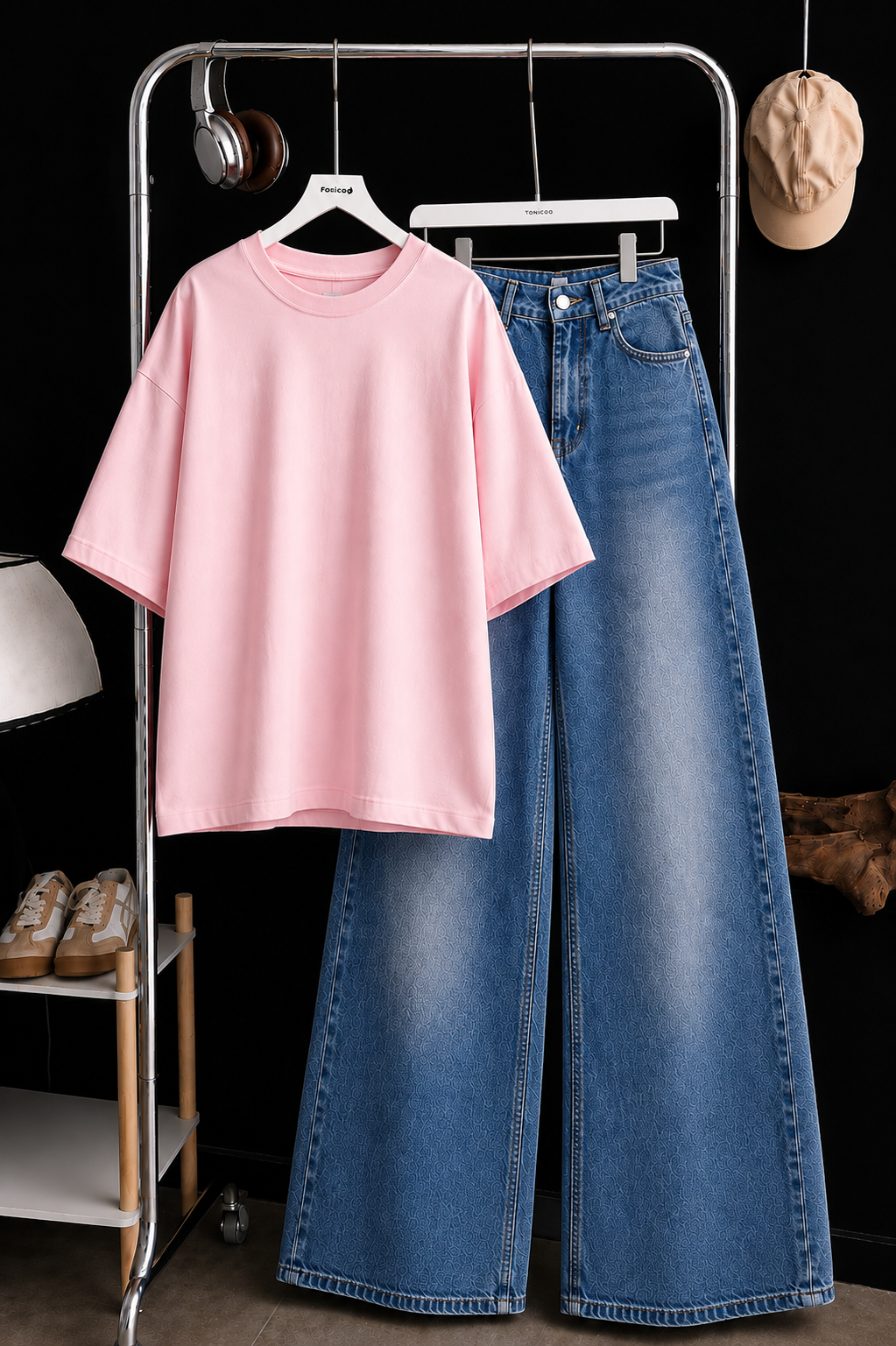 DUO SET (BABY PINK BAGGY TEE WITH MID BLUE FADED WIDE LEG JEANS)