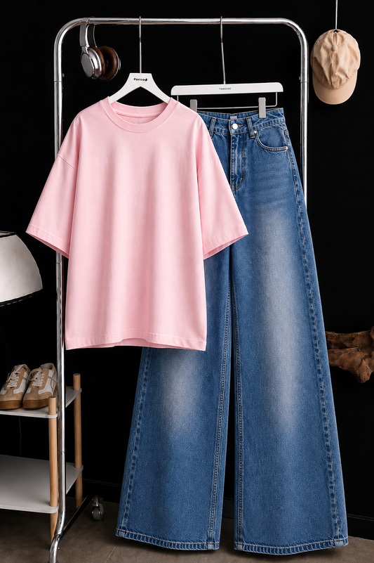 DUO SET (BABY PINK BAGGY TEE WITH MID BLUE FADED WIDE LEG JEANS)