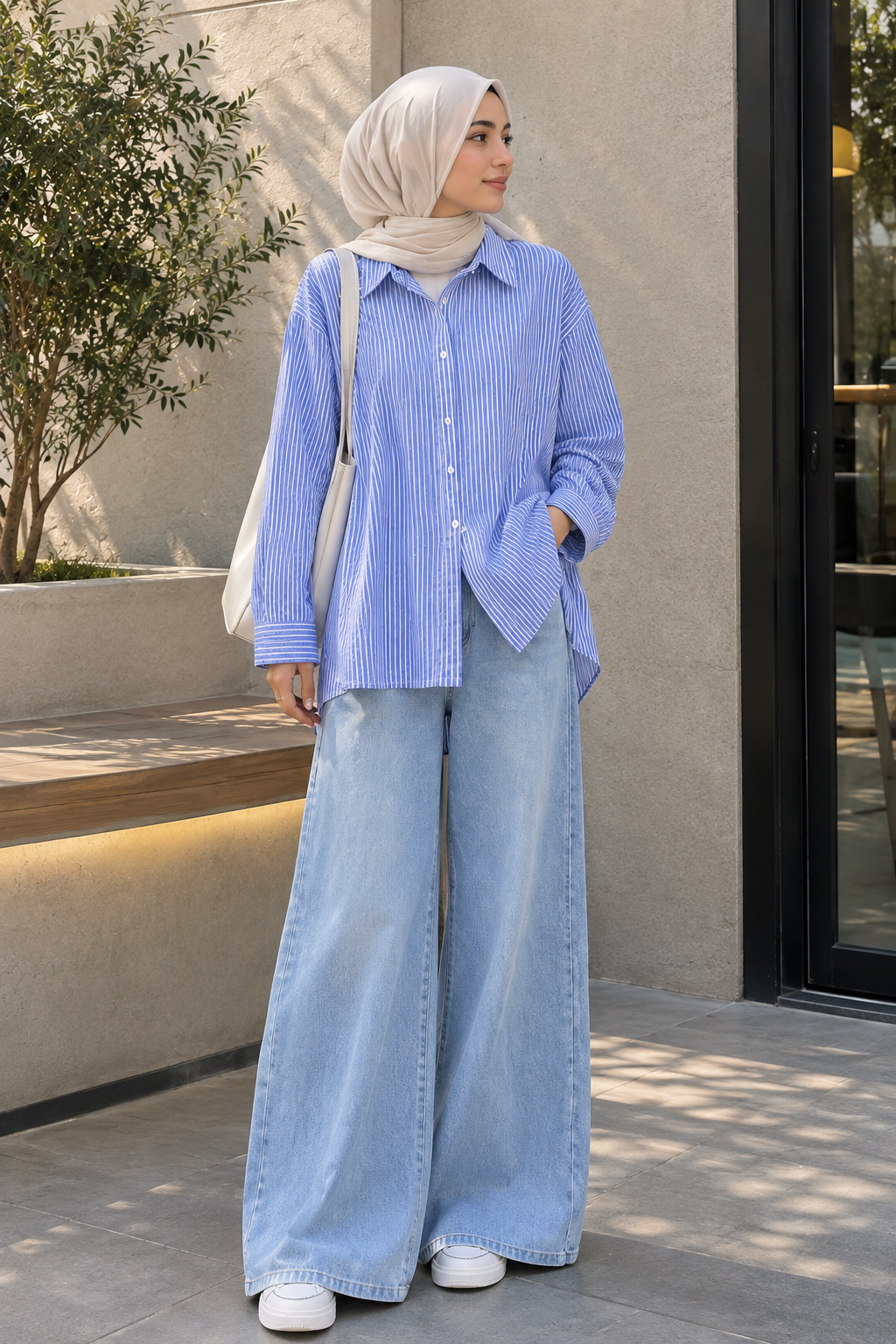 DUO SET (WHITE AND BLUE STRIPES BUTTON DOWN SHIRT WITH ICE BLUE FADED WIDE LEG JEANS)