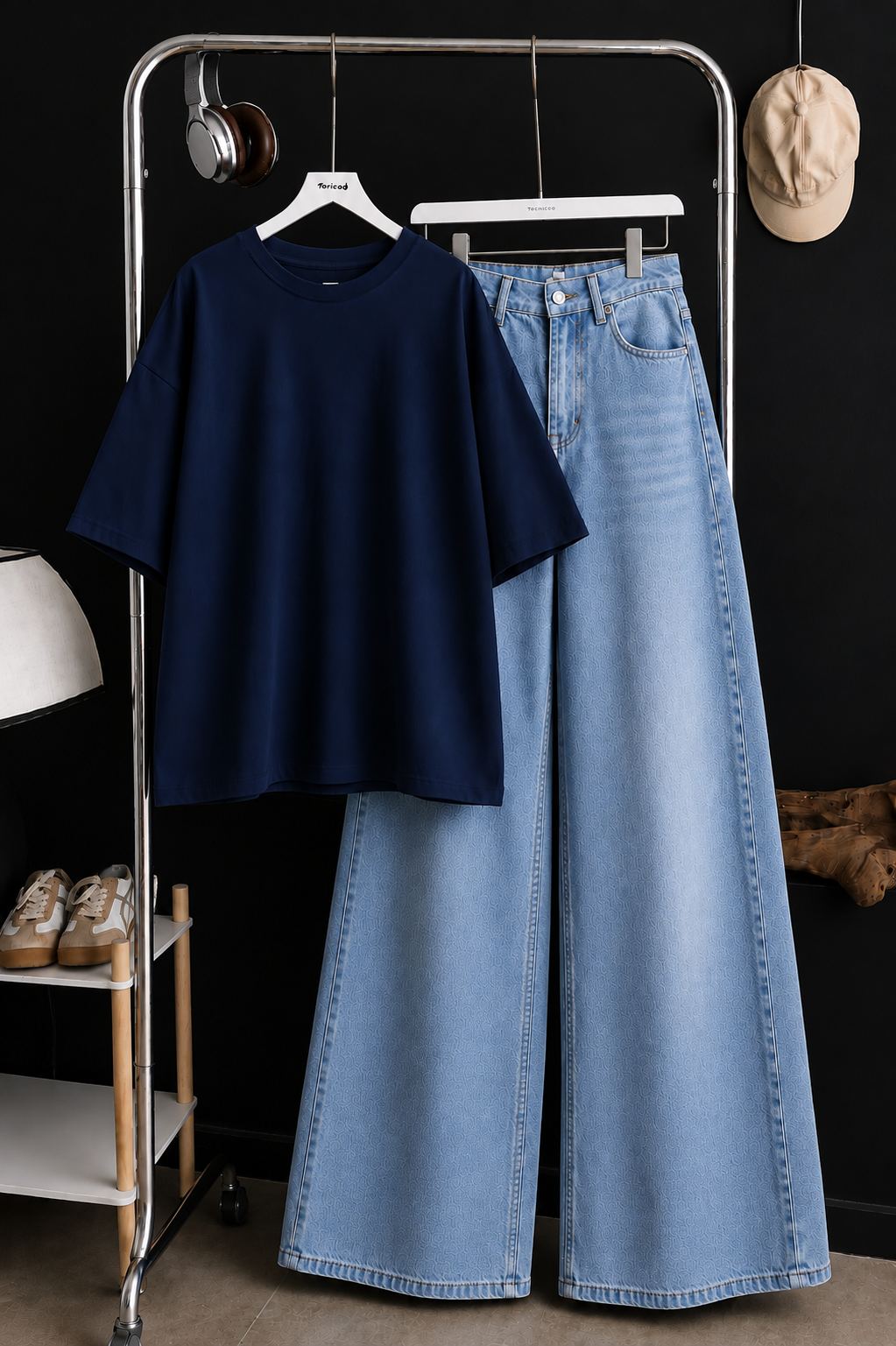 DUO SET (NAVY BLUE BAGGY TEE WITH ICE BLUE FADED WIDE LEG JEANS)