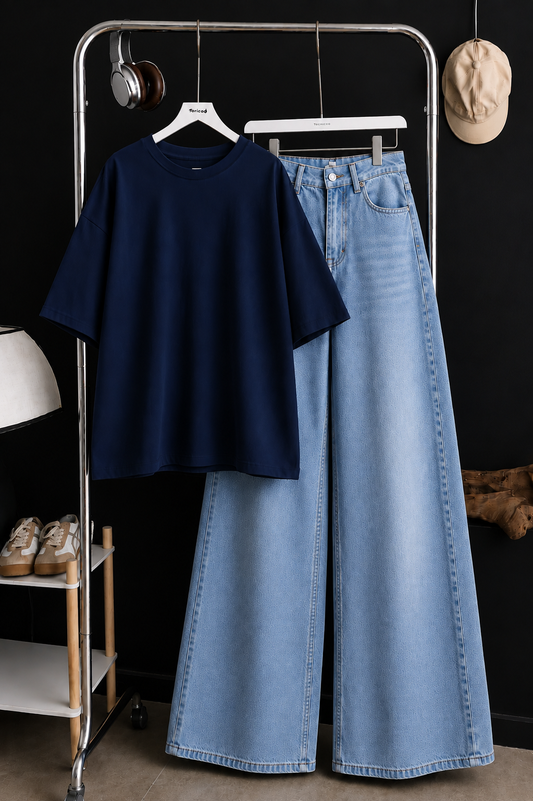 DUO SET (NAVY BLUE BAGGY TEE WITH ICE BLUE FADED WIDE LEG JEANS)