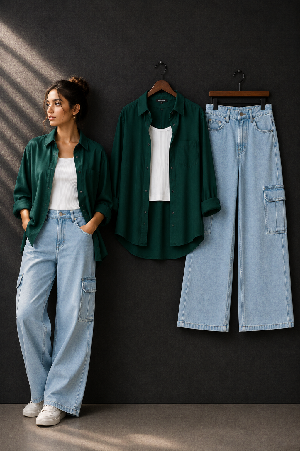TRIO SET (BOTTLE GREEN BUTTON DOWN SHIRT WITH WHITE INNER AND ICE BLUE WIDE LEG CARGO DENIM)