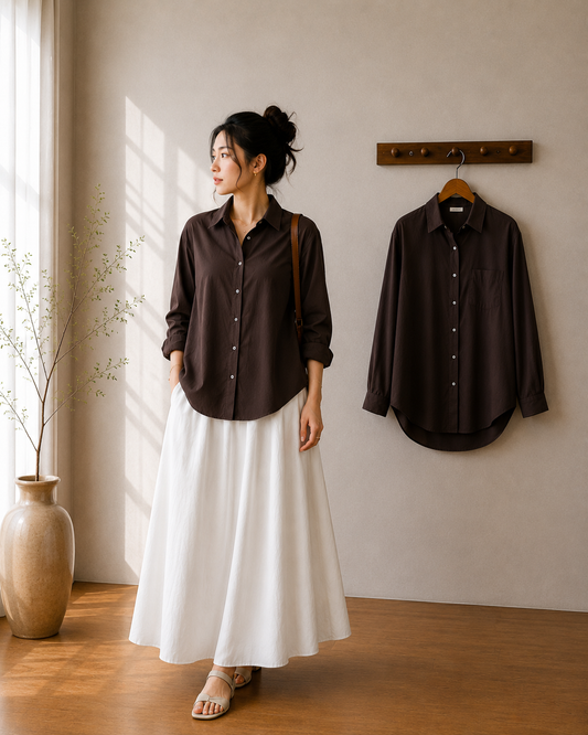 DUO SET (DARK BROWN BUTTON DOWN SHIRT WITH WHITE FLOWY MAXI SKIRT)