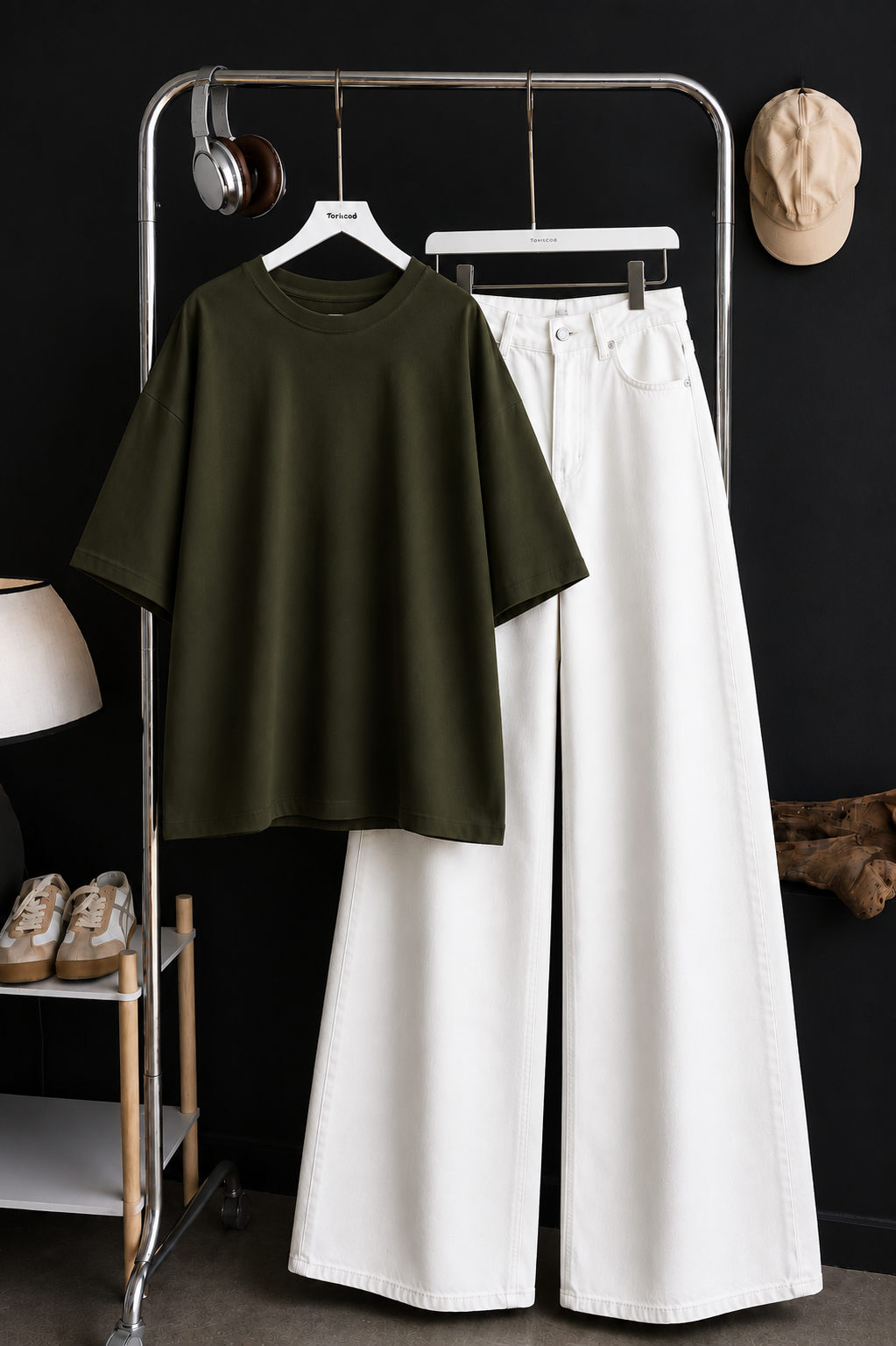 DUO SET (OLIVE GREEN BAGGY TEE WITH WHITE WIDE LEG JEANS)