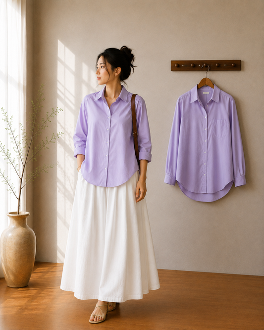 DUO SET (LILAC BUTTON DOWN SHIRT WITH WHITE FLOWY MAXI SKIRT)