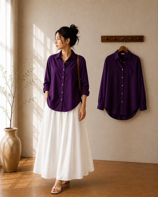 DUO SET (DARK PURPLE BUTTON DOWN SHIRT WITH BLACK FLOWY MAXI SKIRT)