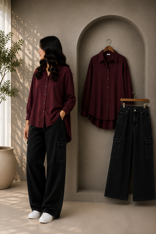 DUO SET (MAROON BUTTON DOWN SHIRT WITH BLACK HIGH WAISTED CARGO DENIM JEANS)