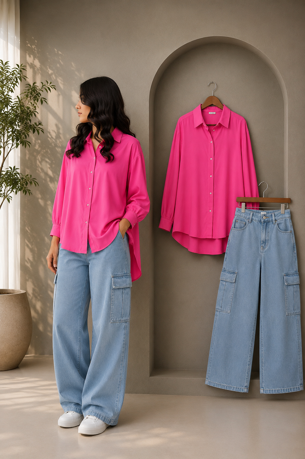 DUO SET (SHOCKING PINK BUTTON DOWN SHIRT WITH ICE BLUE HIGH WAISTED CARGO DENIM JEANS)