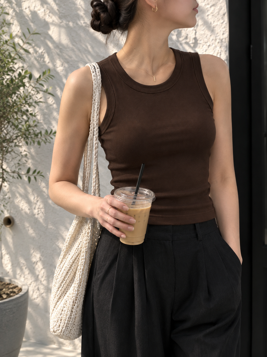 BROWN RIBBED TANK TOP