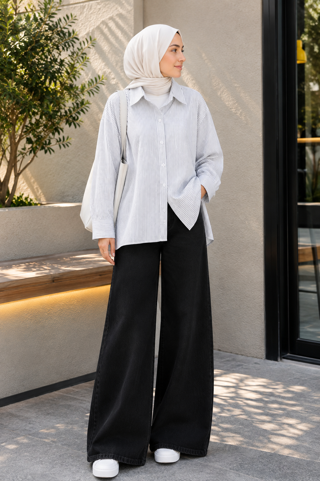 DUO SET (WHITE AND BLACK STRIPES BUTTON DOWN SHIRT WITH JET BLACK WIDE LEG JEANS)