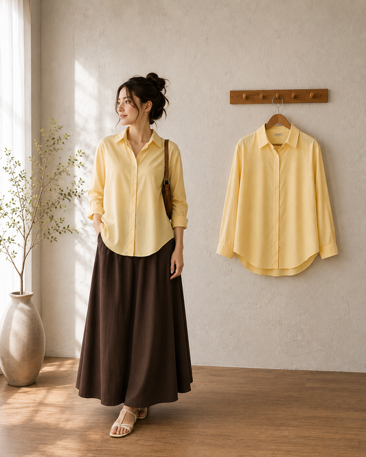 DUO SET (BUTTER YELLOW BUTTON DOWN SHIRT WITH DARK BROWN FLOWY MAXI SKIRT)
