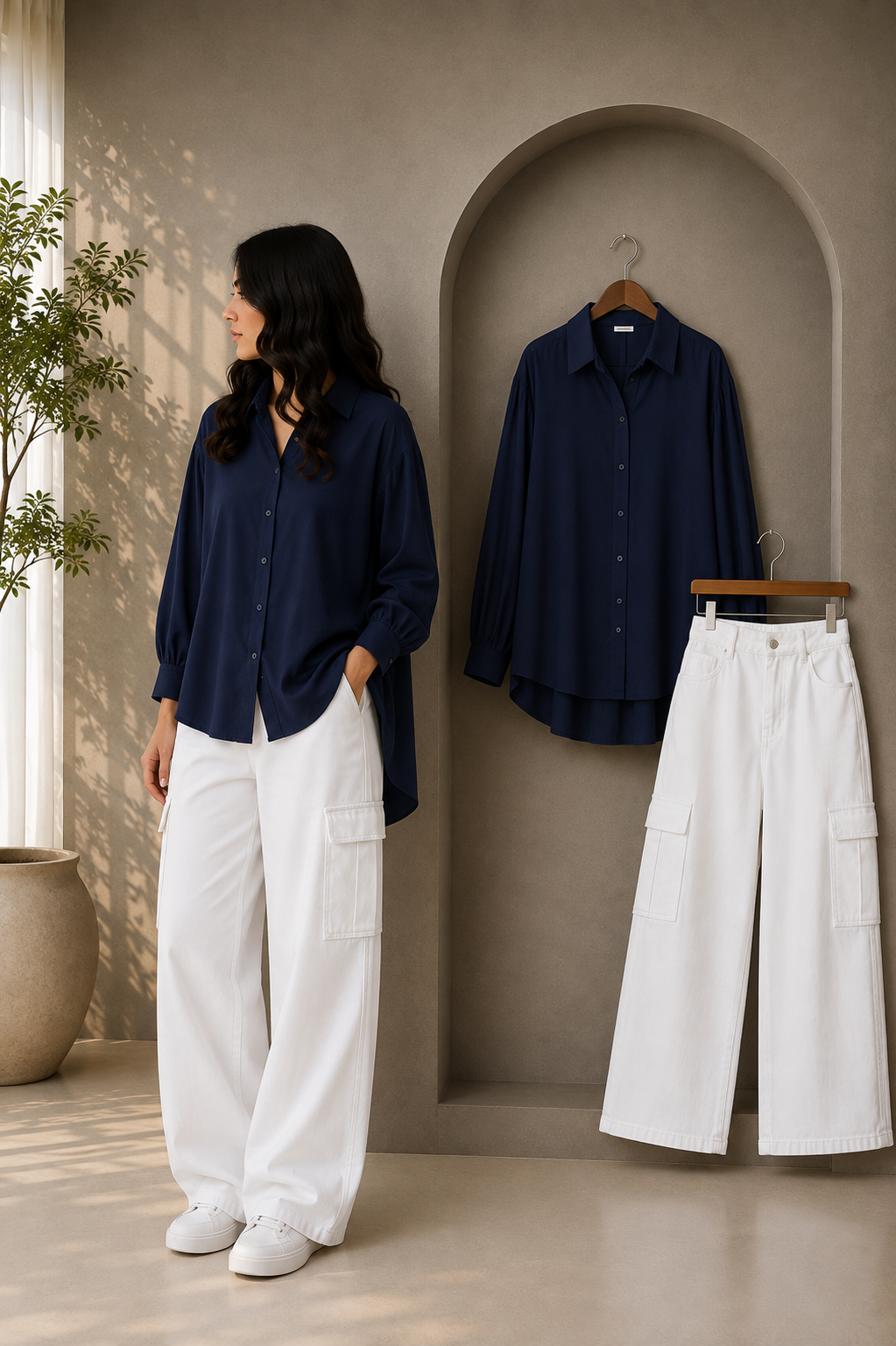 DUO SET (NAVY BLUE BUTTON DOWN SHIRT WITH WHITE HIGH WAISTED CARGO DENIM JEANS)