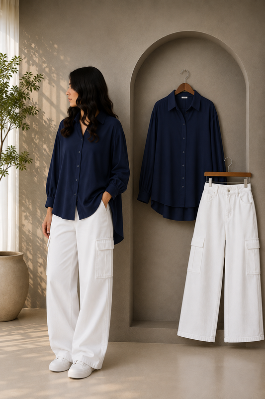 DUO SET (NAVY BLUE BUTTON DOWN SHIRT WITH WHITE HIGH WAISTED CARGO DENIM JEANS)