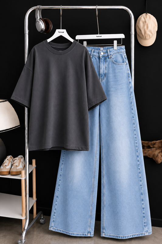 DUO SET (DARK GREY BAGGY TEE WITH ICE BLUE FADED WIDE LEG JEANS)