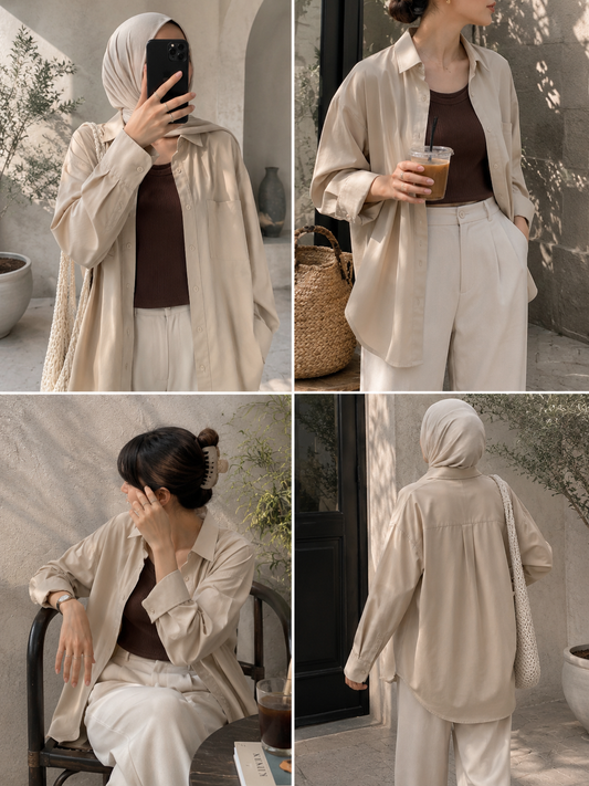 TRIO SET (BEIGE BUTTON DOWN SHIRT WITH BROWN INNER AND WHITE FORMAL COTTON PANT)