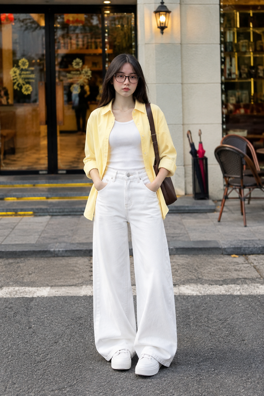 TRIO SET (BUTTER YELLOW BUTTON DOWN SHIRT WITH WHITE INNER AND WHITE WIDE LEG JEANS)