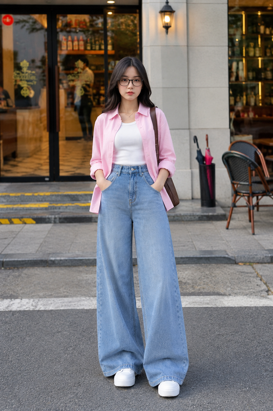 TRIO SET (BABY PINK BUTTON DOWN SHIRT WITH WHITE INNER AND ICE BLUE FADED WIDE LEG JEANS)