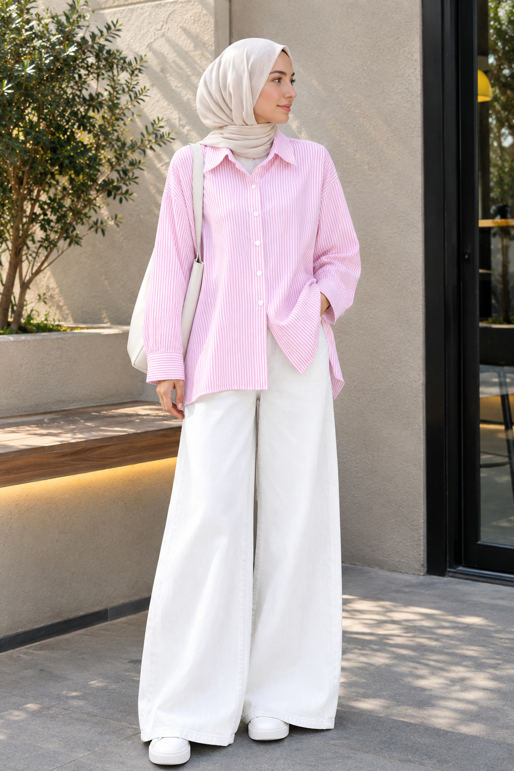 DUO SET (WHITE AND PINK STRIPES BUTTON DOWN SHIRT WITH WHITE WIDE LEG JEANS)