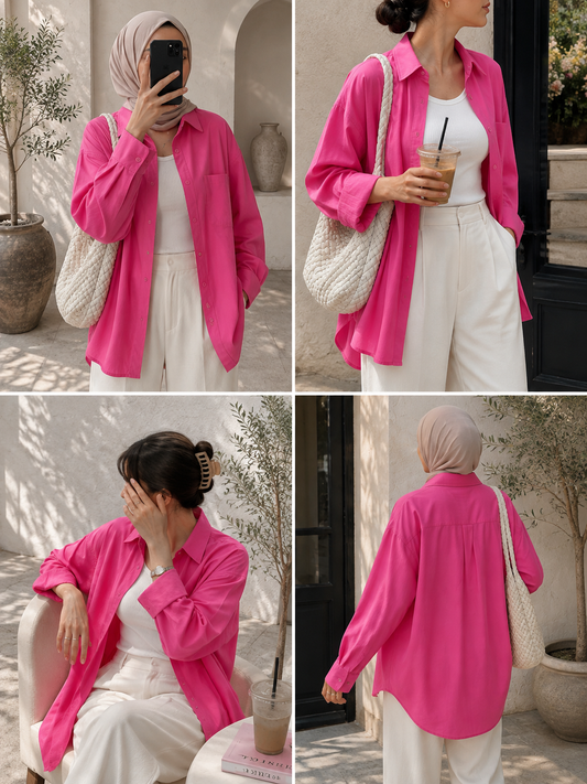 TRIO SET (SHOCKING PINK BUTTON DOWN SHIRT WITH WHITE INNER AND WHITE FORMAL COTTON PANT)