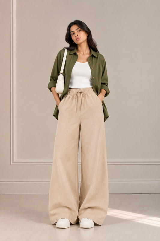 TRIO SET (OLIVE GREEN BUTTON DOWN SHIRT WITH WHITE INNER AND BEIGE FLAPPER TROUSER)