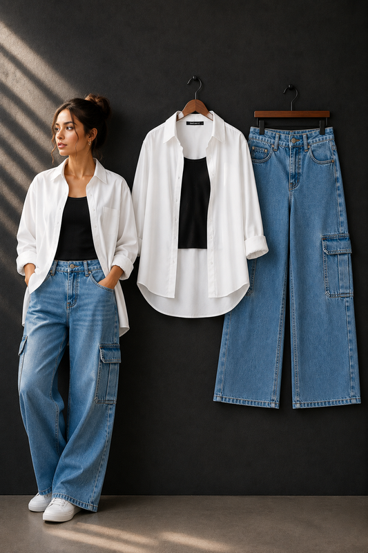 TRIO SET (WHITE BUTTON DOWN SHIRT WITH BLACK INNER AND MID BLUE CARGO DENIM)